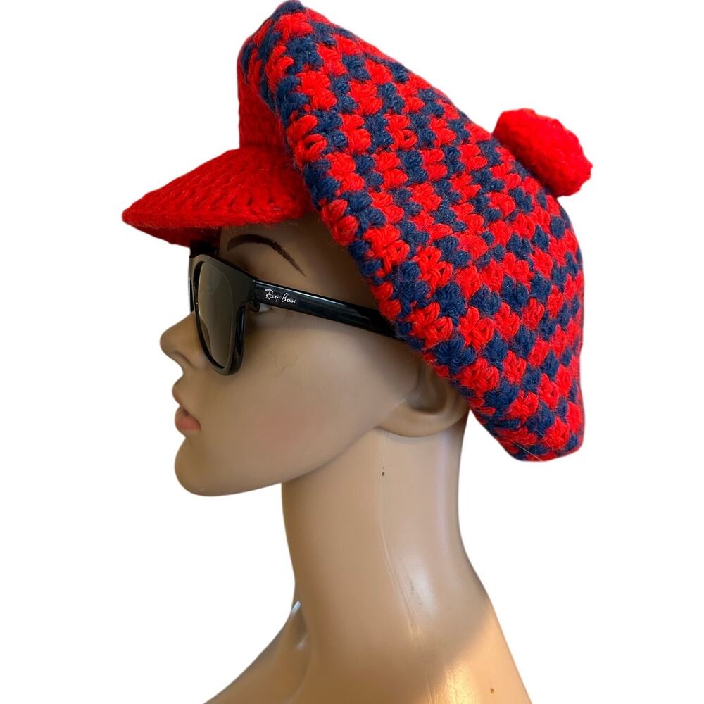 Handmade Red & Blue Checkered Newsboy Cap | Crochet Baker Boy Hat
